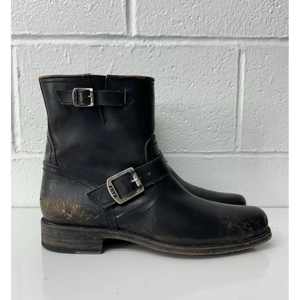 Frye Smith Engineer Stone Washed Black Leather Bike Boots / Men's Size 10